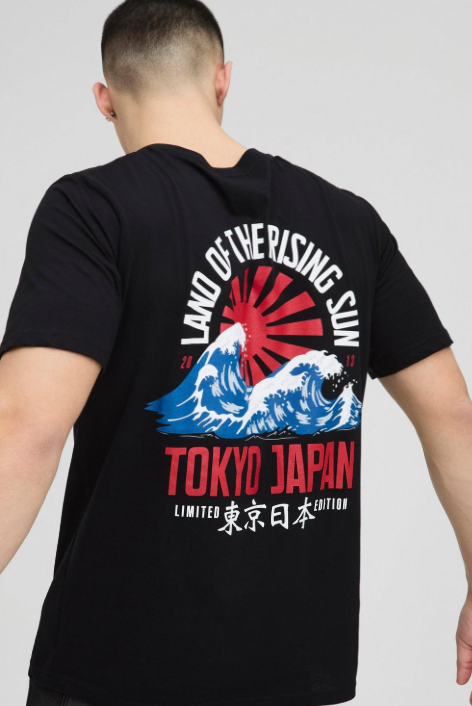 Regular Fit Half Sleeves Tokyo Japan Waves T-Shirt Black