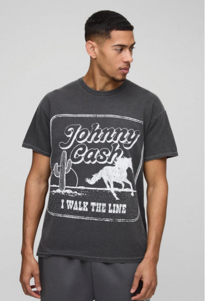 Regular Fit Half Sleeve Johnny Cash Western Washed T-Shirt Charcoal
