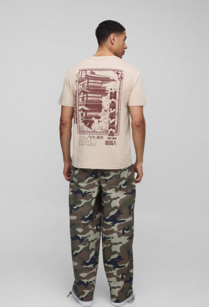 Regular Fit Half Sleeves Japan Landscape Print T-Shirt Biege Sand