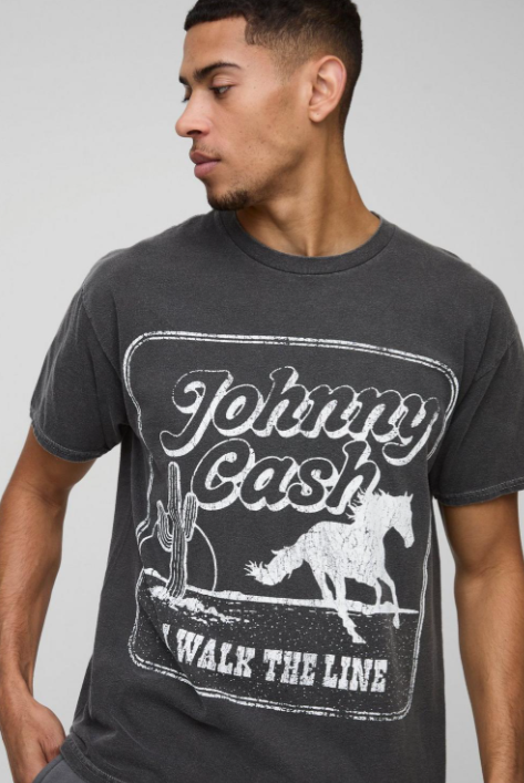 Regular Fit Half Sleeve Johnny Cash Western Washed T-Shirt Charcoal