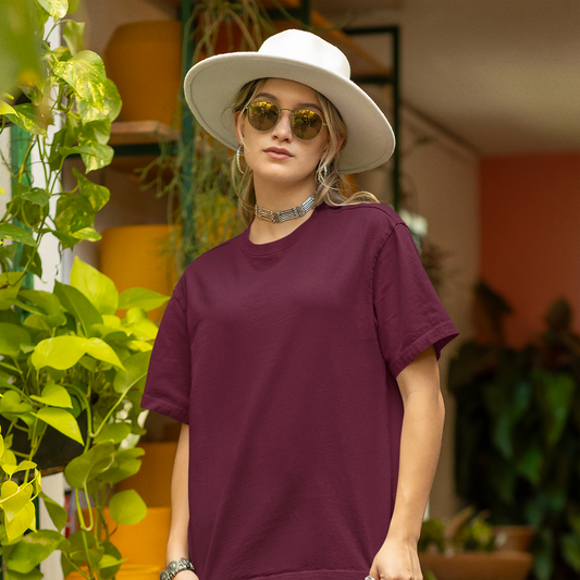 Oversized Extended Neck Basic T Shirt Maroon
