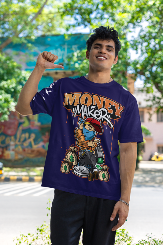 Oversized Extended Neck Money Maker T-Shirt Purple
