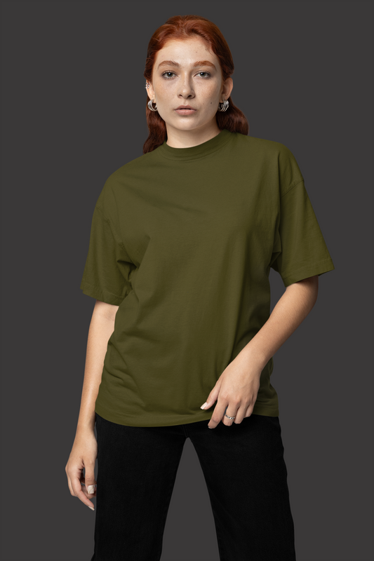 Oversized Extended Neck Basic T Shirt Olive Green