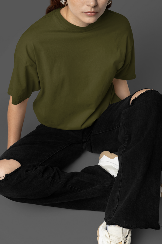 Oversized Extended Neck Basic T Shirt Olive Green