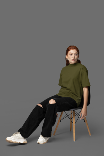 Oversized Extended Neck Basic T Shirt Olive Green