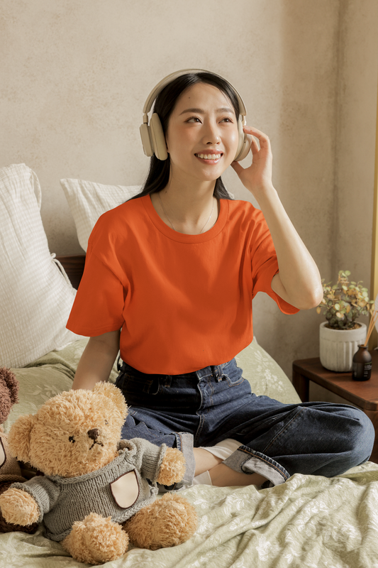 Oversized Extended Neck Basic T Shirt Orange Tangerine