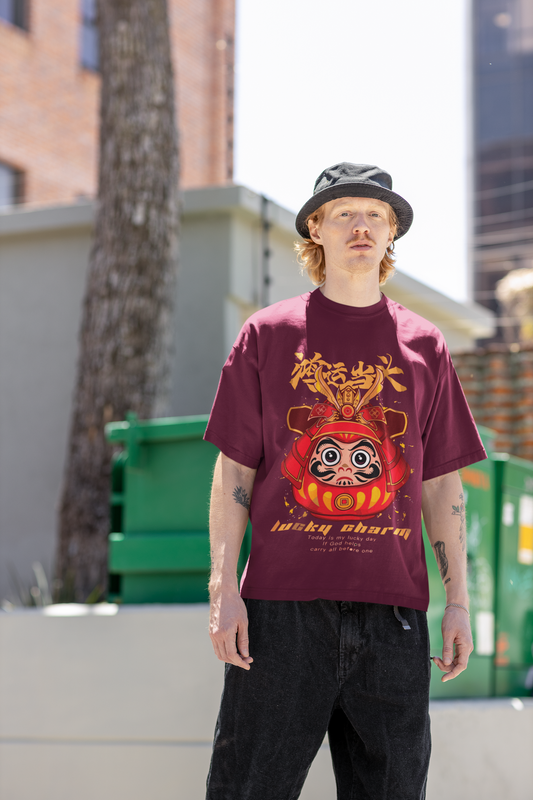 Oversized Extended Neck Panda Charm T-Shirt Maroon