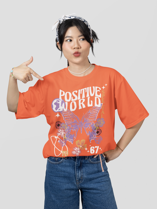 Oversized Extended Neck Positive World Graphic T Shirt Orange