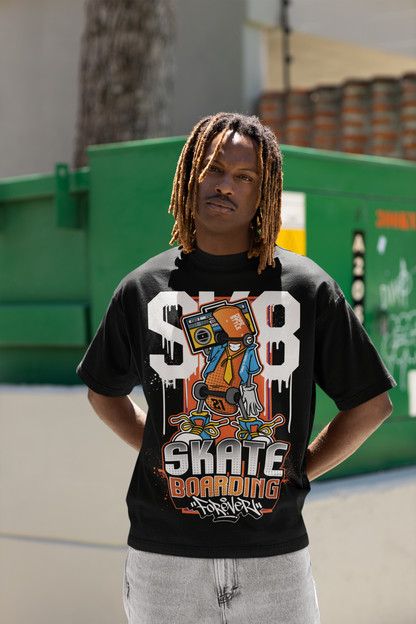 Oversized Extended Neck Skate Graffiti T Shirt Black