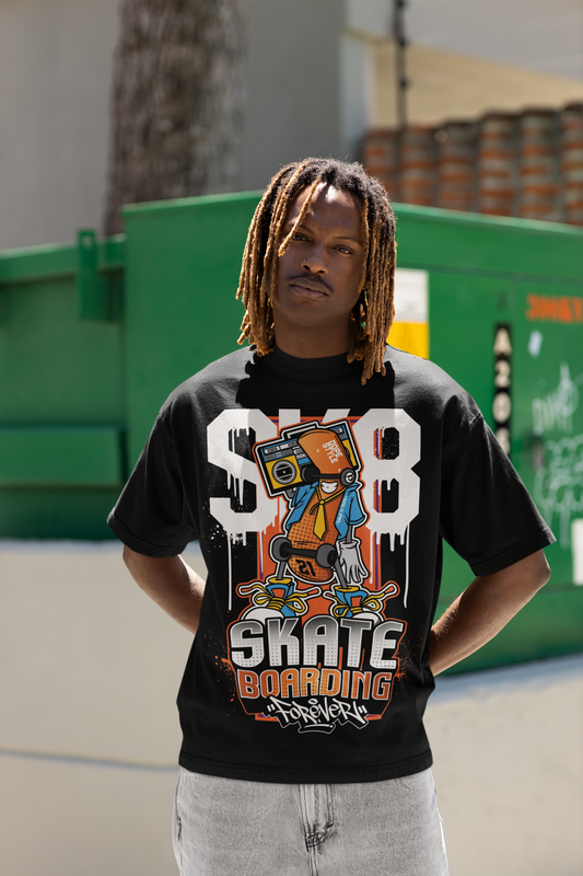 Oversized Extended Neck Skate Graffiti T Shirt Black