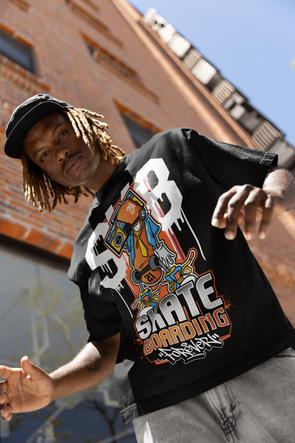 Oversized Extended Neck Skate Graffiti T Shirt Black
