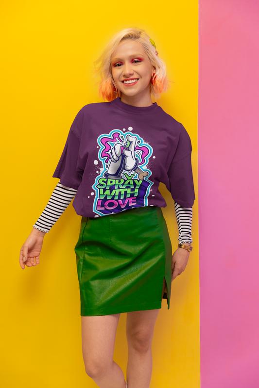 Oversized Extended Neck Spray Love Graffiti Graphic T Shirt Purple