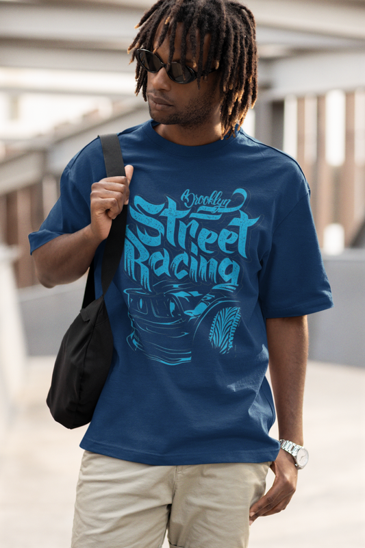 Oversized Extended Neck Street Racing T-Shirt Blue