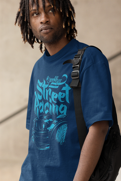 Oversized Extended Neck Street Racing T-Shirt Blue