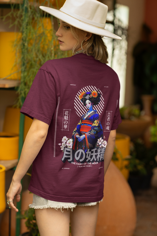 Oversized Extended Neck Moon Fairy Graphic T Shirt Maroon