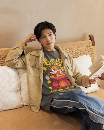 Oversized Extended Neck Tiger Charm T Shirt Grey