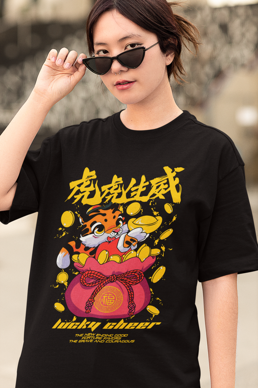 Oversized Extended Neck Tigre Graphic T Shirt Black