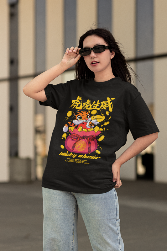 Oversized Extended Neck Tigre Graphic T Shirt Black