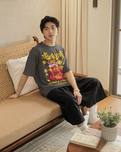 Oversized Extended Neck Tiger Charm T Shirt Grey