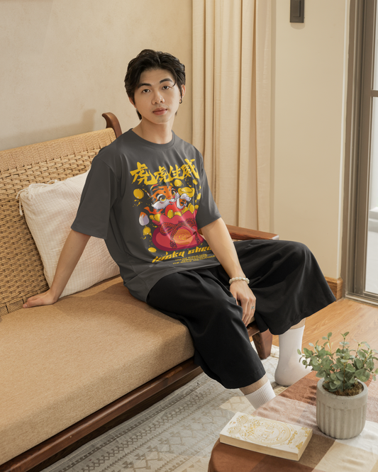 Oversized Extended Neck Tiger Charm T Shirt Grey