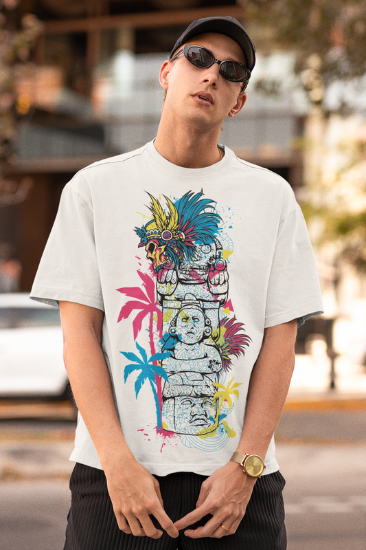 Oversized Extended Neck Tribal T-Shirt White