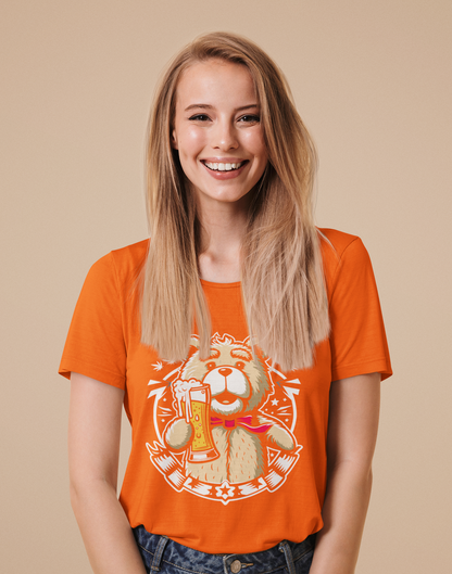 Regular Fit Classic Fit Bear Beer Orange T-Shirt Women