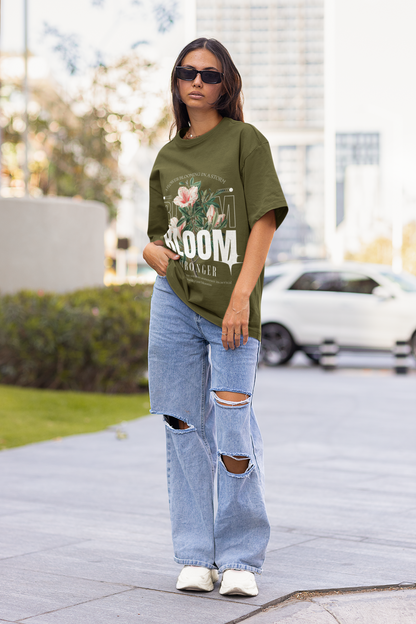 Oversized Extended Neck Bloom Graphic T Shirt Green