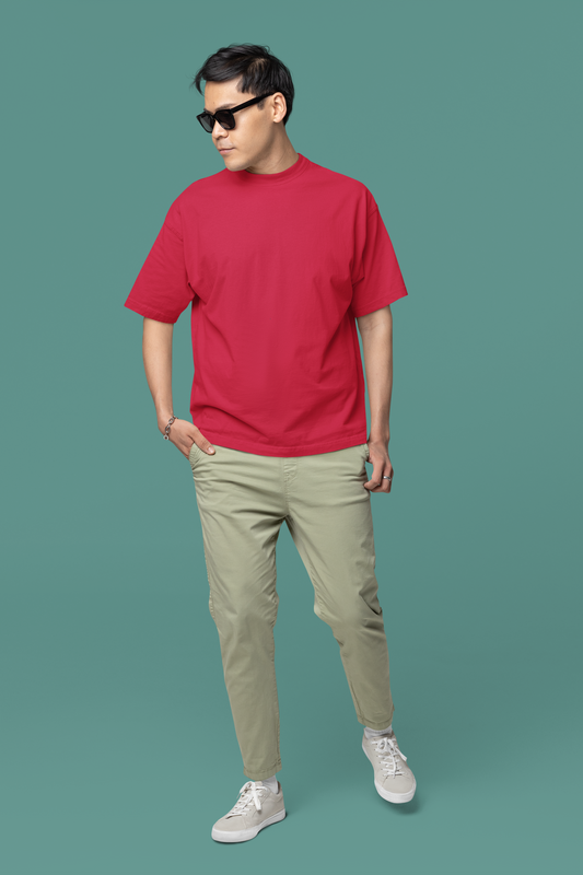 Oversized Extended Neck Basic Plain T Shirt Red