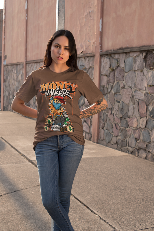 Oversized Extended Neck Money Maker Graphic T Shirt Brown