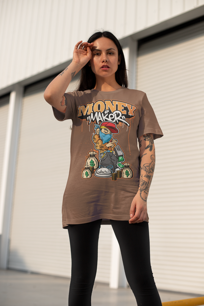 Oversized Extended Neck Money Maker Graphic T Shirt Brown