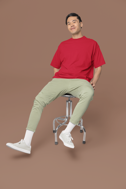 Oversized Extended Neck Basic Plain T Shirt Red